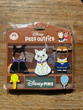 Disney Pets Outfits Pin Set — White cat with beast and maleficent costumes.
